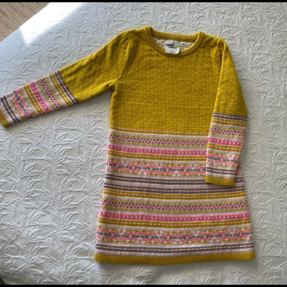 Cute Oshkosh long sleeve mustard yellow dress with pink,gray, and white detail.